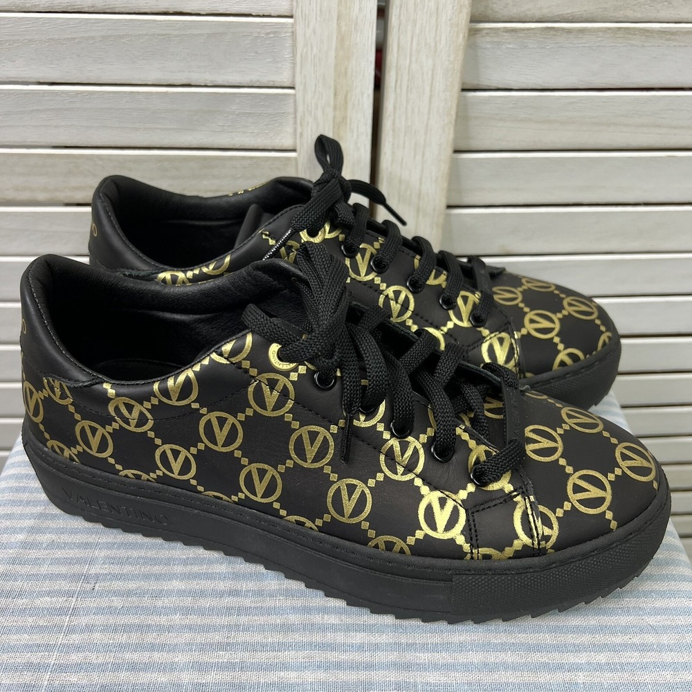 Valentino Women's Sneakers Shoes Beatrice Black Gold Logo Designer Size 10 NEW